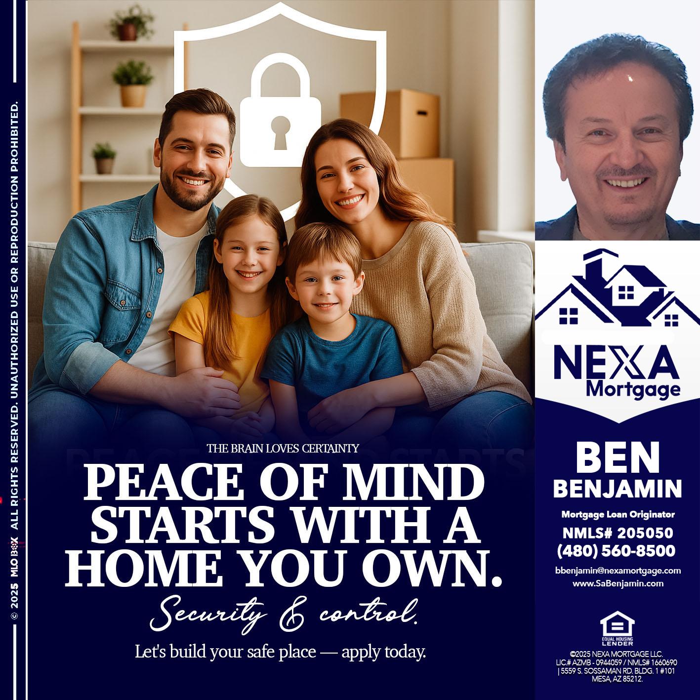 peace of mind - Ben Benjamin -Mortgage Loan Originator