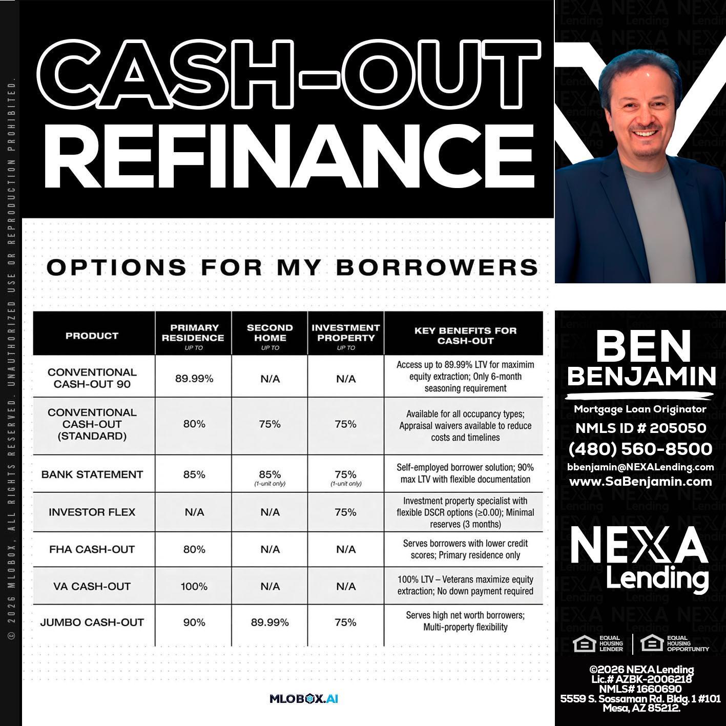 CASH OUT - Ben Benjamin -Mortgage Loan Originator