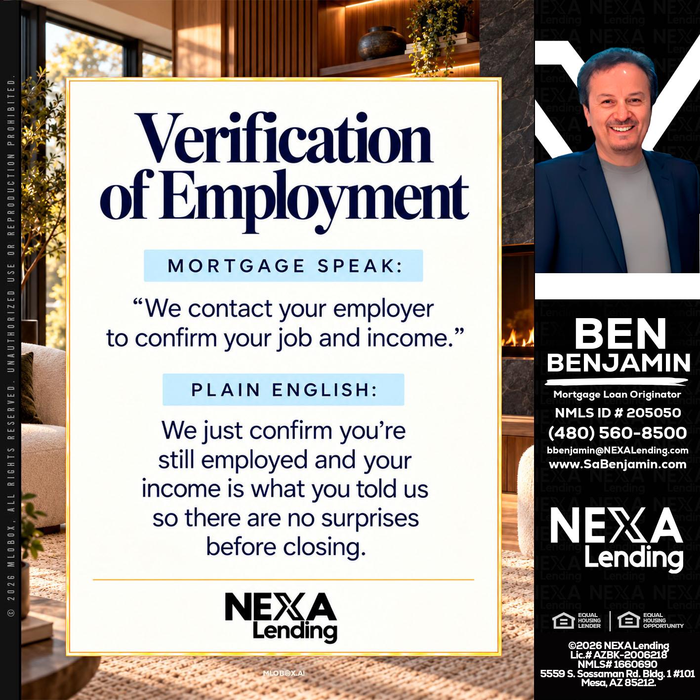 VERIFICATION OF EMPLOYMENT - Ben Benjamin -Mortgage Loan Originator